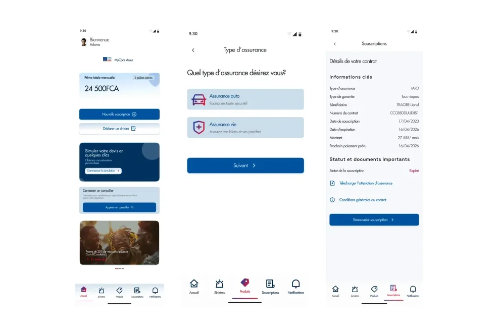 Trois &eacute;crans de l&rsquo;application : l&rsquo;accueil avec la prime mensuelle, le choix du type d&rsquo;assurance, et le d&eacute;tail d&rsquo;un contrat