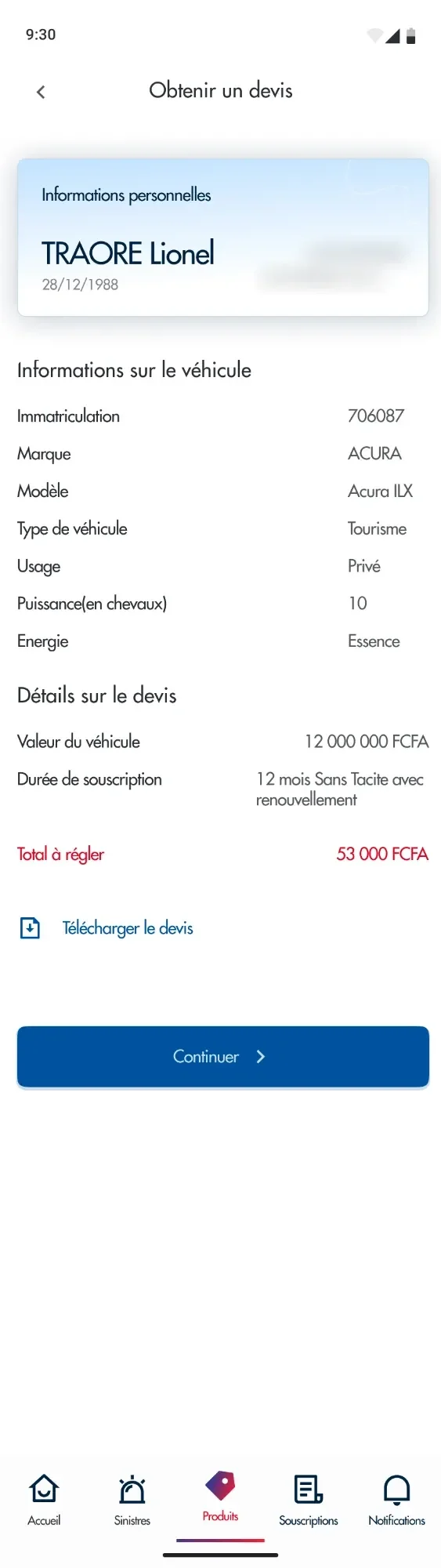 R&eacute;capitulatif du devis&nbsp;: informations du v&eacute;hicule, dur&eacute;e, total &agrave; r&eacute;gler et t&eacute;l&eacute;chargement du devis