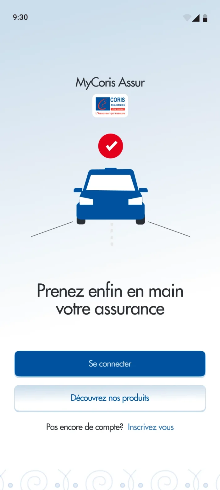&Eacute;cran d&rsquo;accueil avant connexion&nbsp;: &laquo;&nbsp;Prenez enfin en main votre assurance&nbsp;&raquo;, se connecter ou d&eacute;couvrir les produits