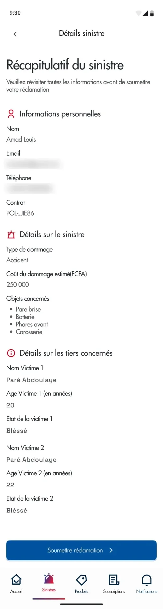 R&eacute;capitulatif du sinistre&nbsp;: d&eacute;tails du dommage, objets concern&eacute;s, et les tiers avec leur &acirc;ge et leur &eacute;tat