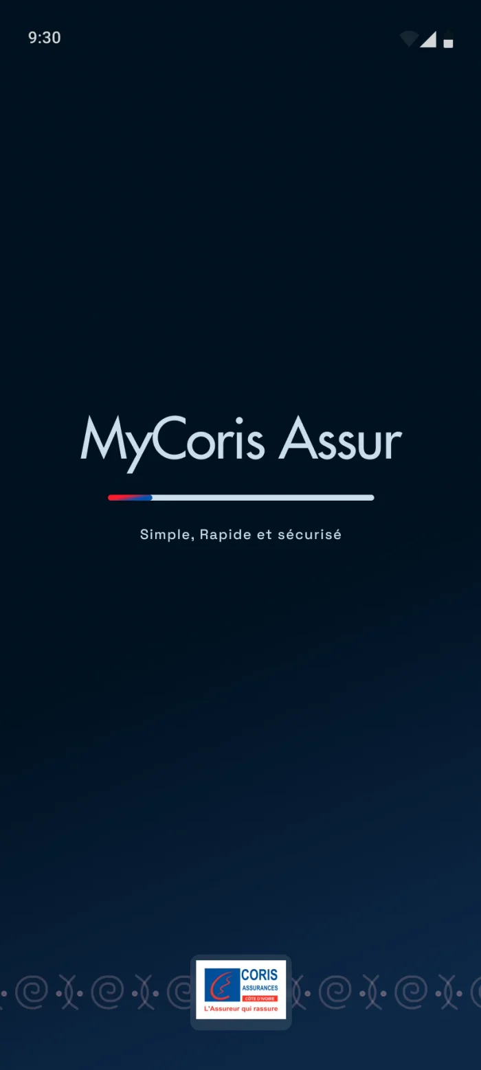 &Eacute;cran de lancement&nbsp;: MyCoris Assur, &laquo;&nbsp;Simple, Rapide et s&eacute;curis&eacute;&nbsp;&raquo;, et un motif de symboles en bas de page