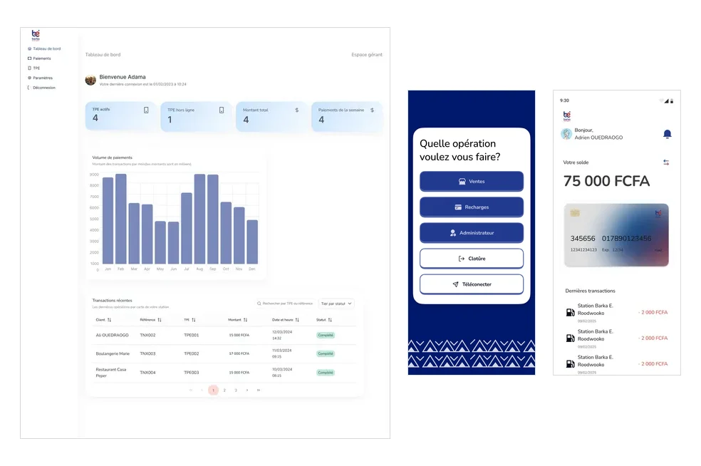 Les trois supports c&ocirc;te &agrave; c&ocirc;te&nbsp;: le tableau de bord web du g&eacute;rant, le menu du terminal de paiement, et l&rsquo;accueil de l&rsquo;application du client