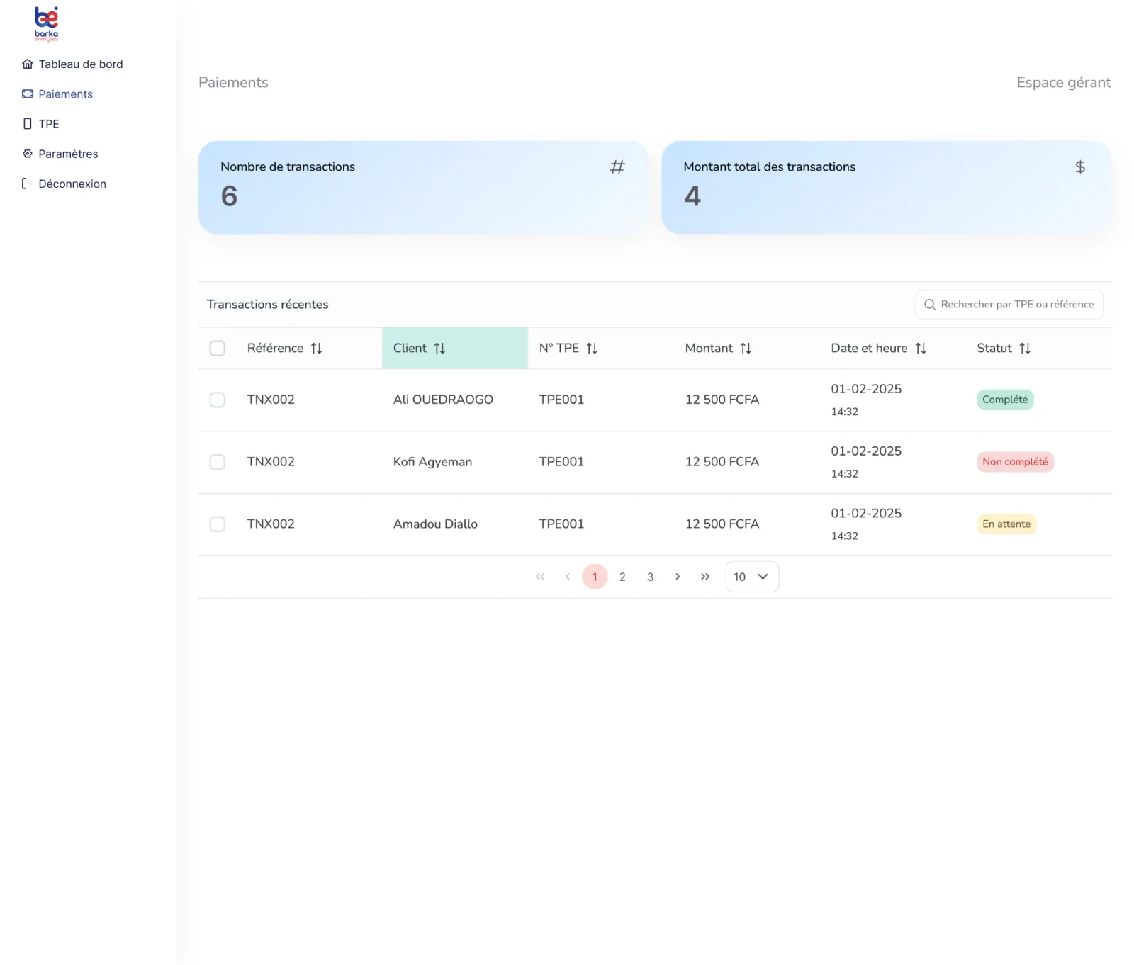 Page des paiements&nbsp;: nombre et montant total des transactions, puis tableau tri&eacute; par r&eacute;f&eacute;rence, client, terminal, montant, date et statut (compl&eacute;t&eacute;, non compl&eacute;t&eacute;, en attente)
