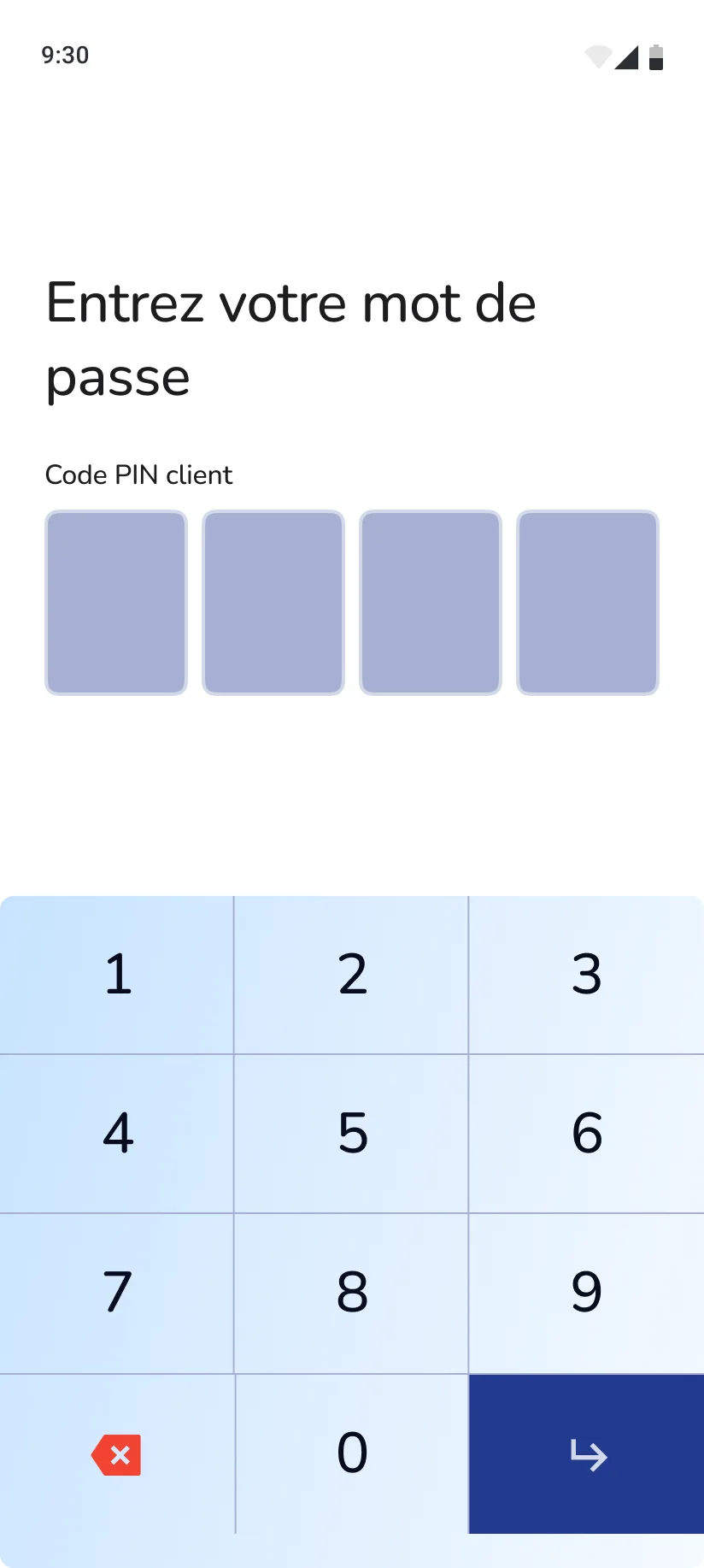 Saisie du code PIN client sur le terminal&nbsp;: quatre cases vides en haut, pav&eacute; num&eacute;rique occupant la moiti&eacute; basse de l&rsquo;&eacute;cran