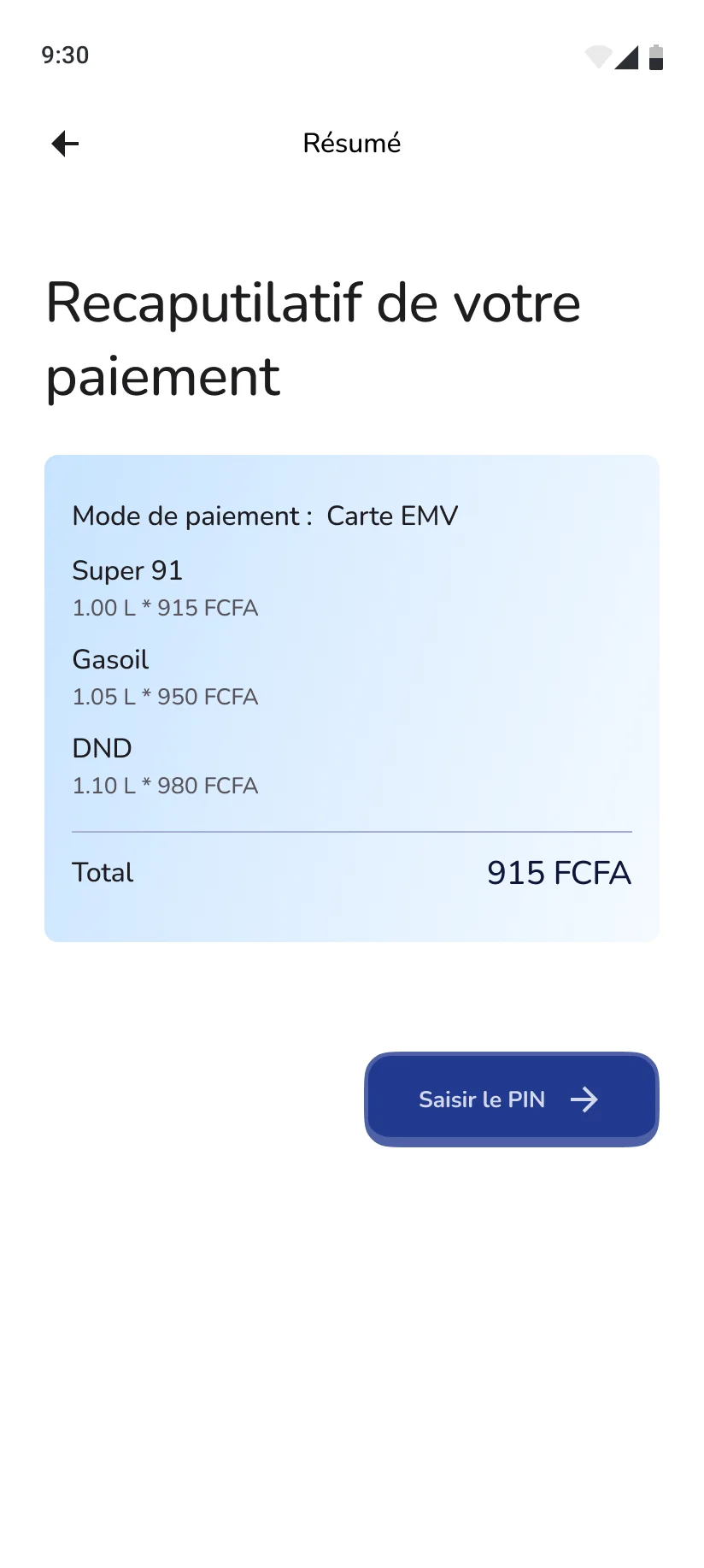 R&eacute;capitulatif du paiement sur le terminal&nbsp;: mode de paiement par carte EMV, trois carburants avec leur volume et leur prix au litre, et le total