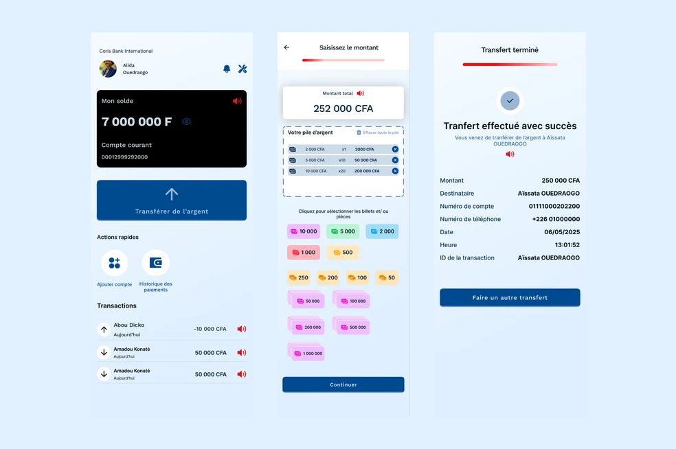 Trois &eacute;crans de l&rsquo;application : l&rsquo;accueil avec le solde, la saisie du montant par billets, et le re&ccedil;u de transfert