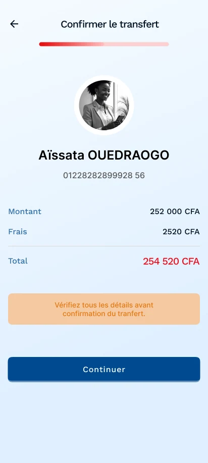&Eacute;cran de confirmation : la photo du destinataire en grand, le montant, les frais et le total