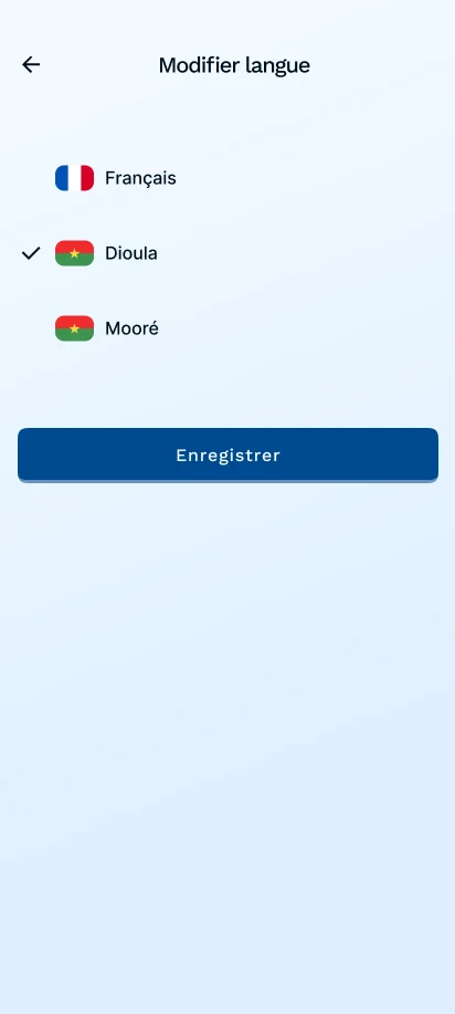 &Eacute;cran de choix de la langue : fran&ccedil;ais, dioula, moor&eacute;