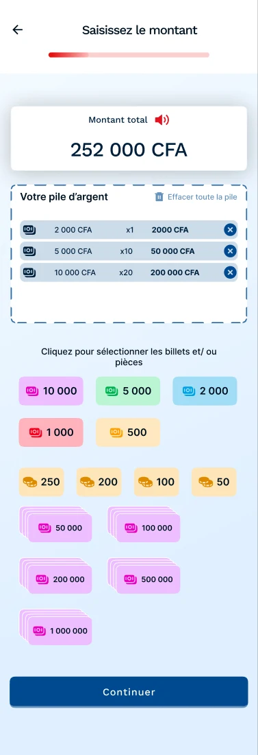 Le m&ecirc;me &eacute;cran, pile remplie : trois lignes de coupures avec leurs quantit&eacute;s, et le total de 252 000 CFA en haut