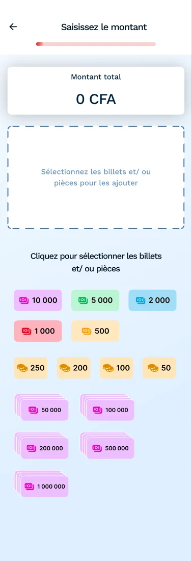 &Eacute;cran de saisie du montant, pile vide : une zone en pointill&eacute;s et les coupures disponibles en dessous