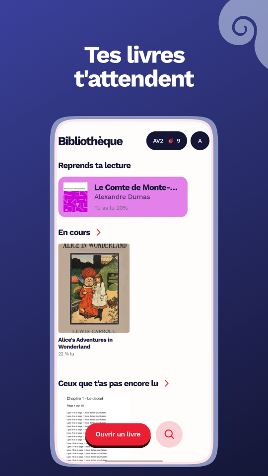 Écran Bibliothèque de Kalaan : la carte « Reprends ta lecture » et les rayons de livres
