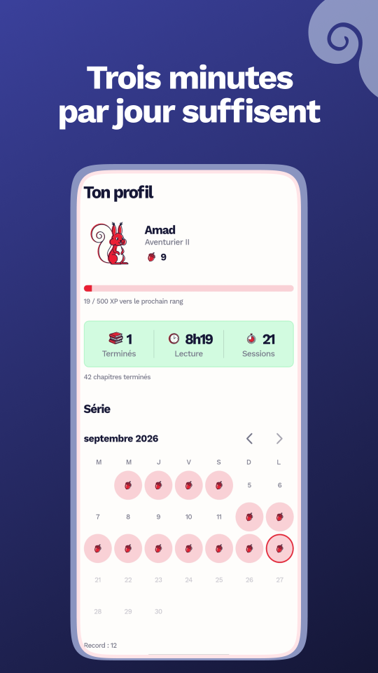 Écran Profil de Kalaan : rang, série, calendrier de lecture et statistiques