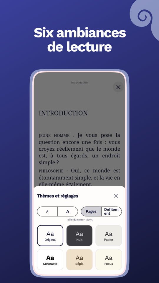Feuille « Thèmes et réglages » de Kalaan, avec les six ambiances de lecture
